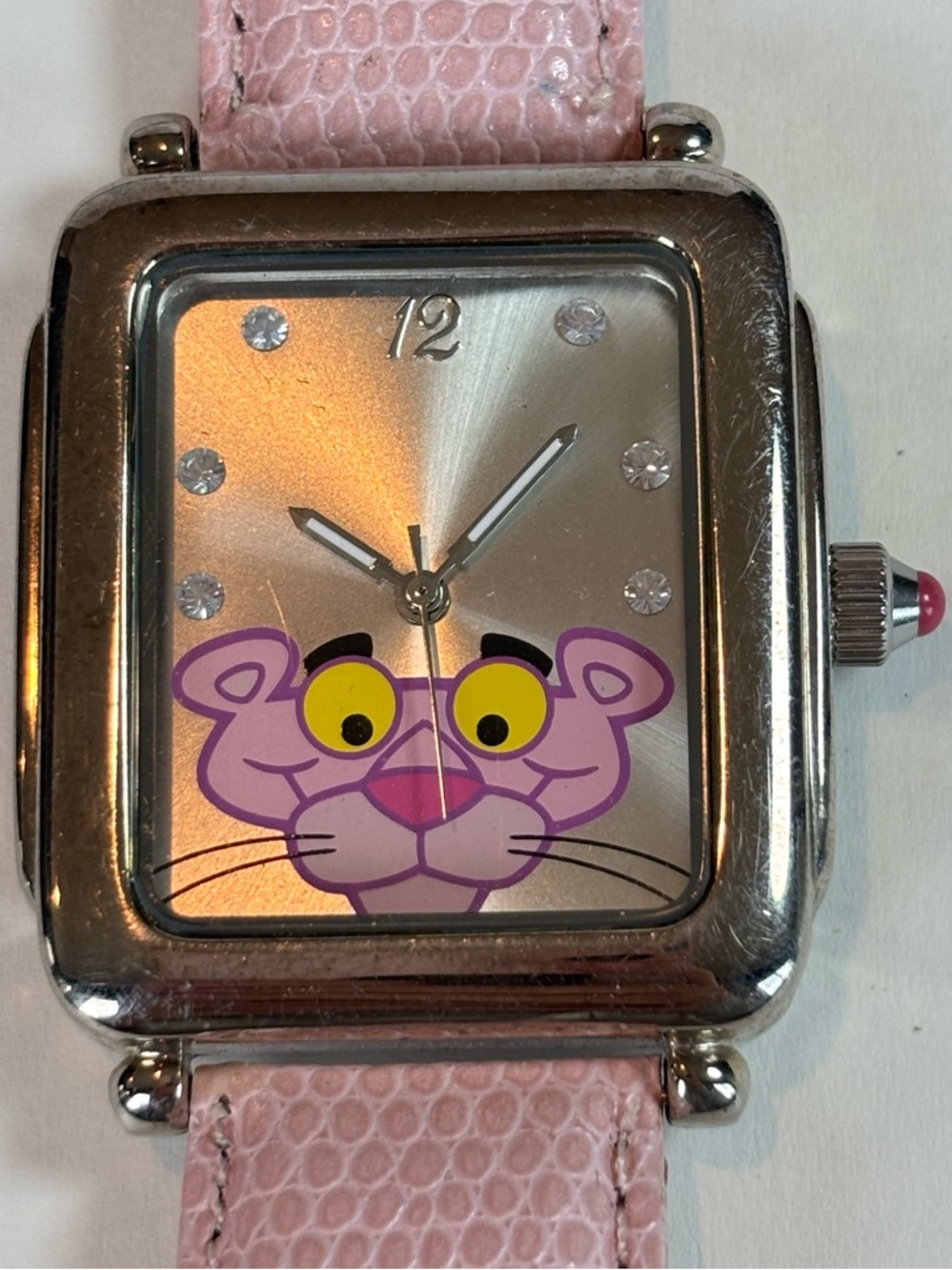 Pink Panther Face Watch Silver Tone Square Case Pink Leather Strap